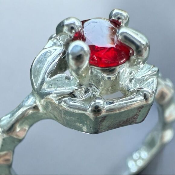 Silver Tone Ring with Bright Red Center Stone & Unique Textured Band - Picture 16 of 16
